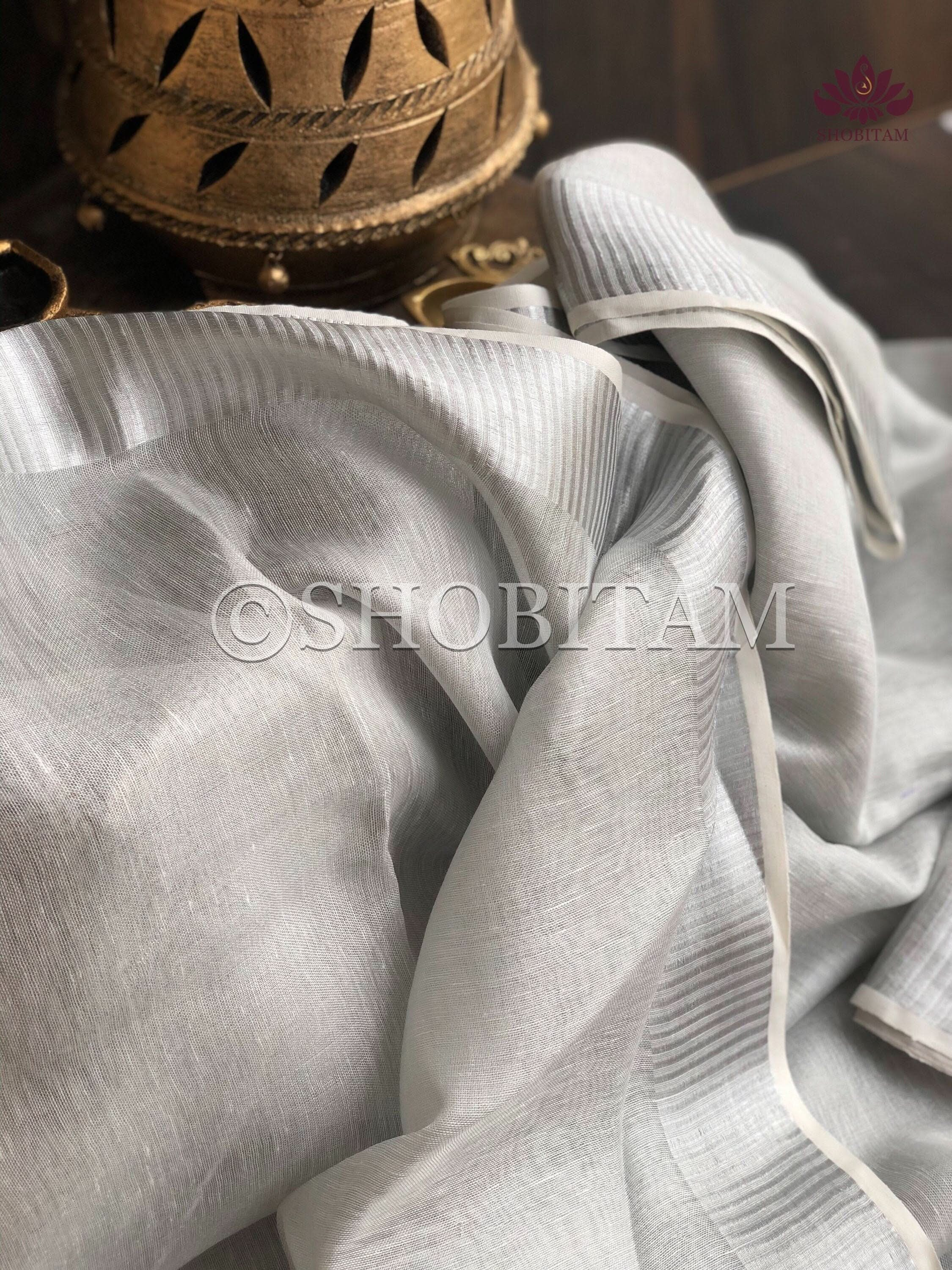 Silver and White Tissue Linen Saree | Shobitam Saree