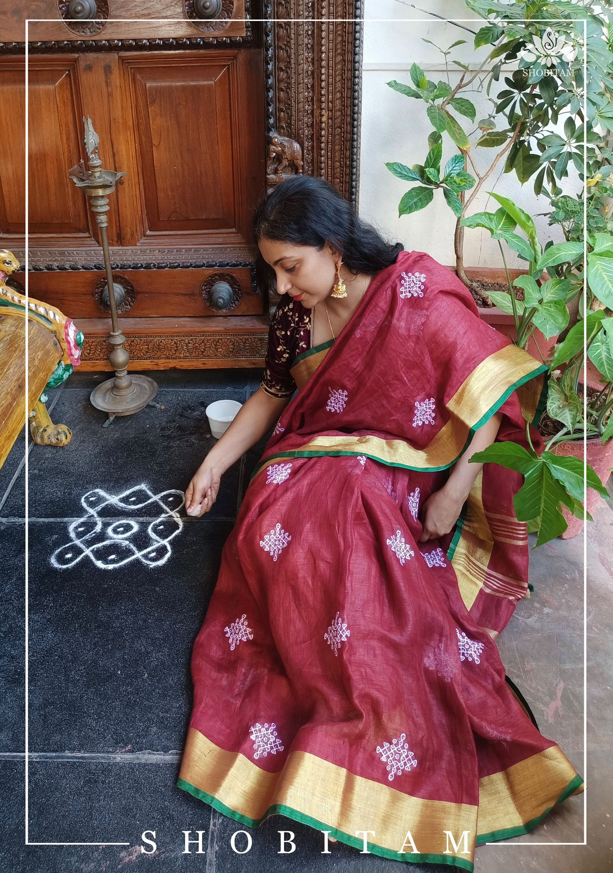 Kolam Linen embroidery Saree in Terracotta Maroon |  Linen by Linen  Saree I Rangoli Saree | Shobitam Saree