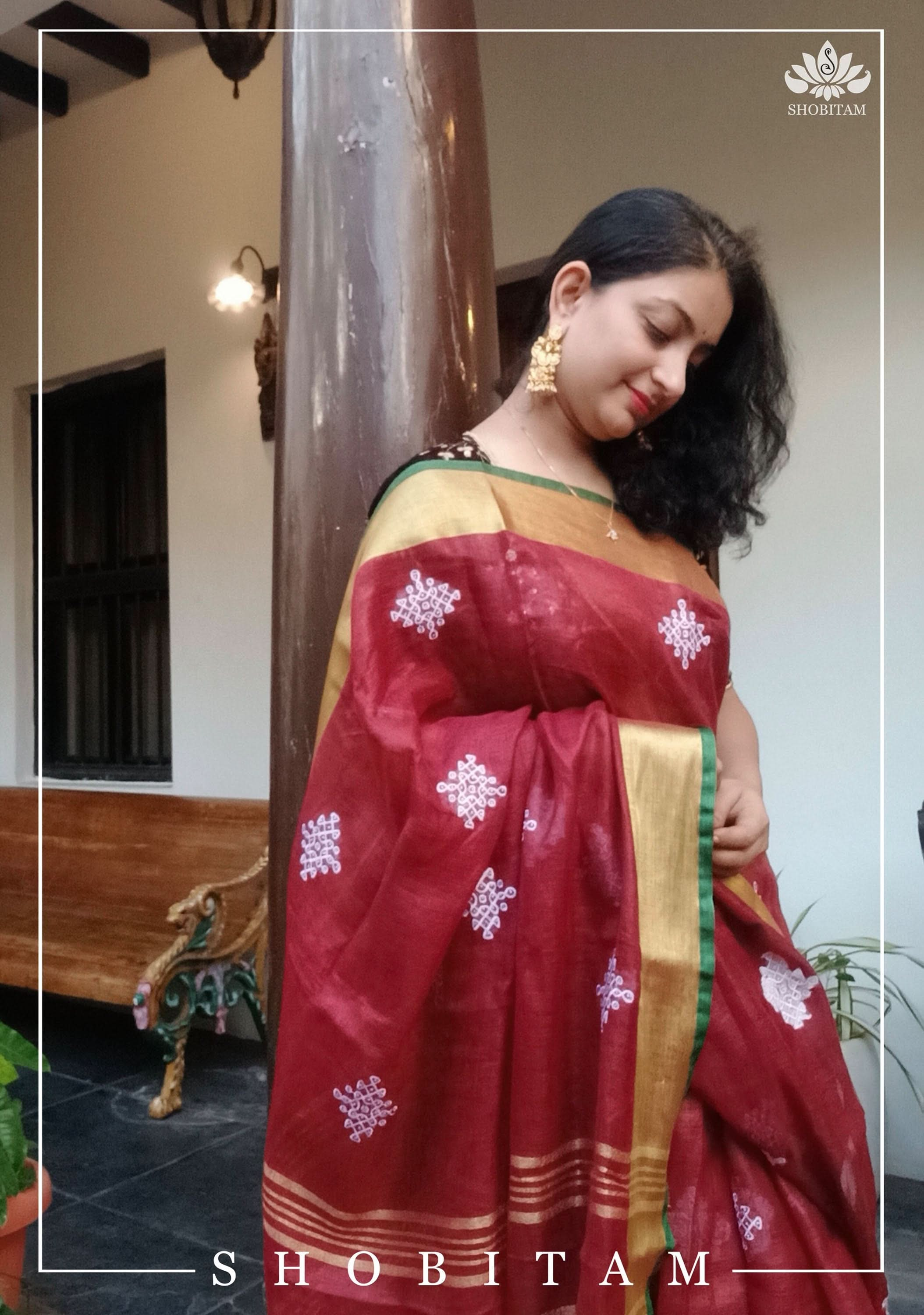 Kolam Linen embroidery Saree in Terracotta Maroon |  Linen by Linen  Saree I Rangoli Saree | Shobitam Saree