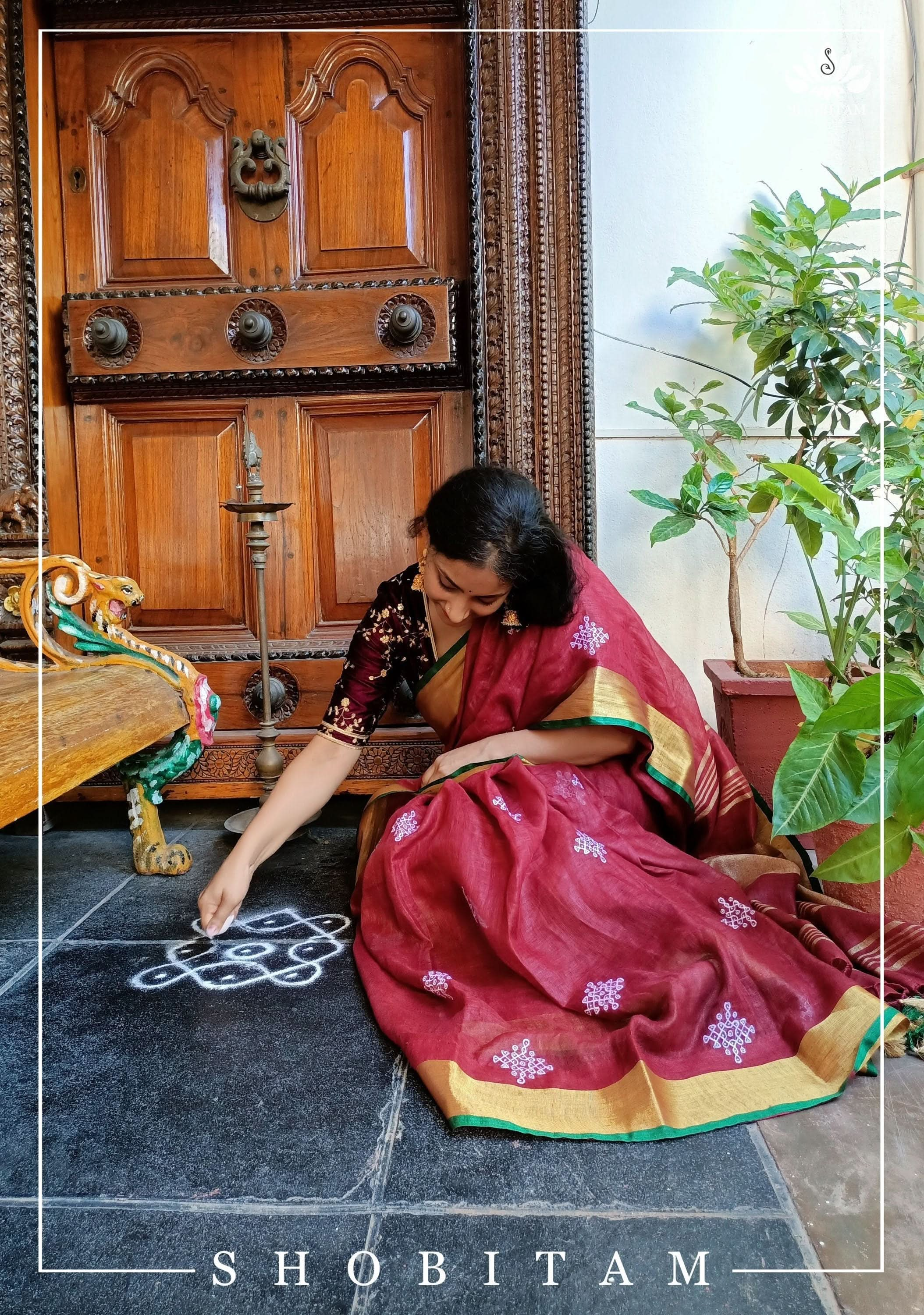 Kolam Linen embroidery Saree in Terracotta Maroon |  Linen by Linen  Saree I Rangoli Saree | Shobitam Saree