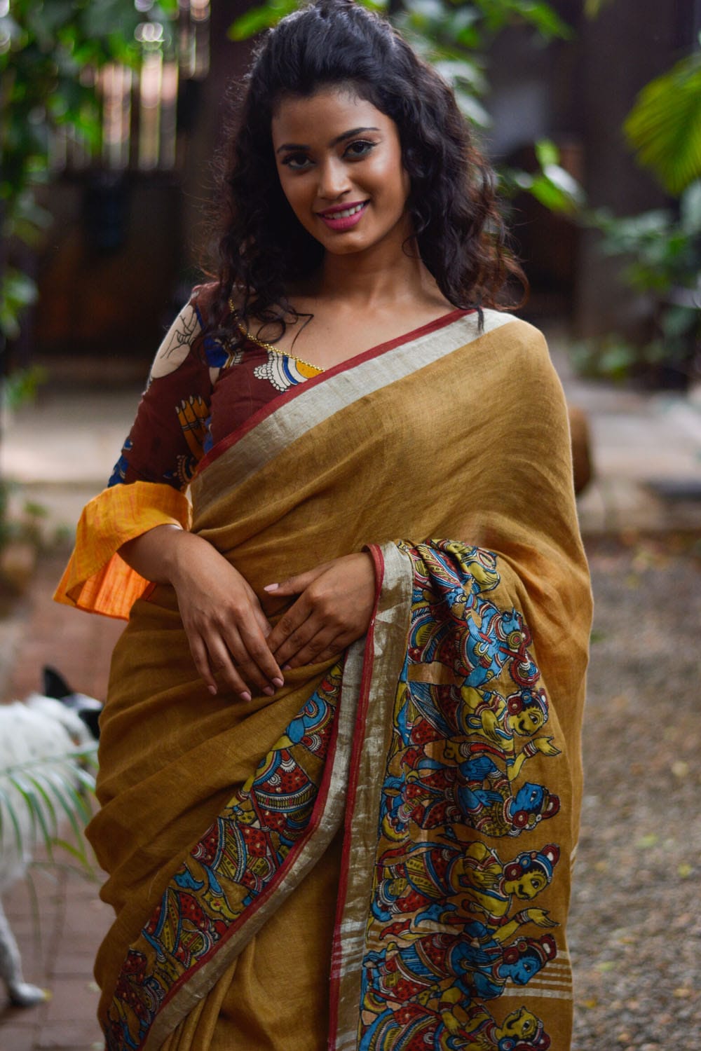 lime green handwoven linen saree with silver tissue border with kalamk