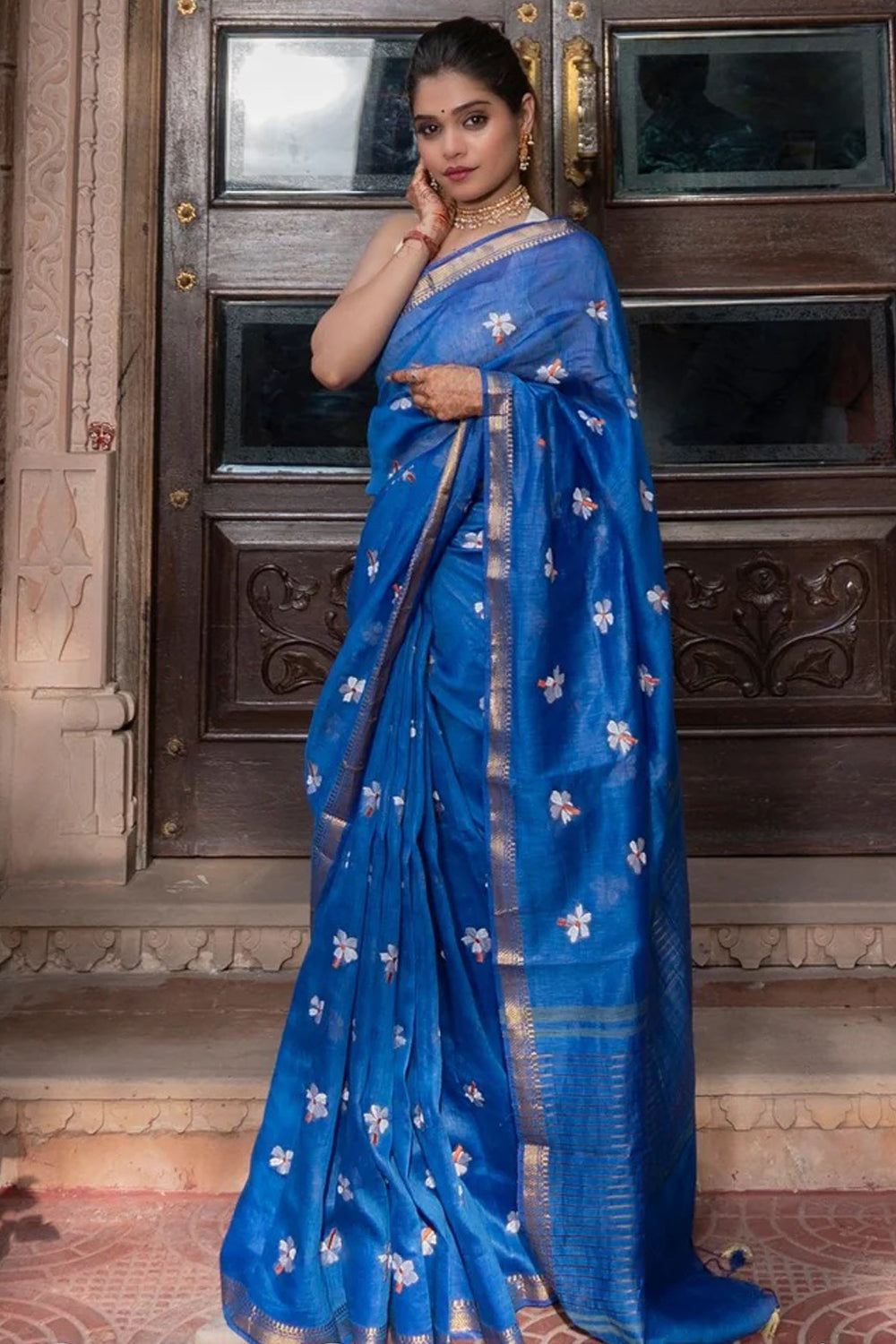 Sky Blue bengal handloom linen saree with blouse - Sareemall - 2811718