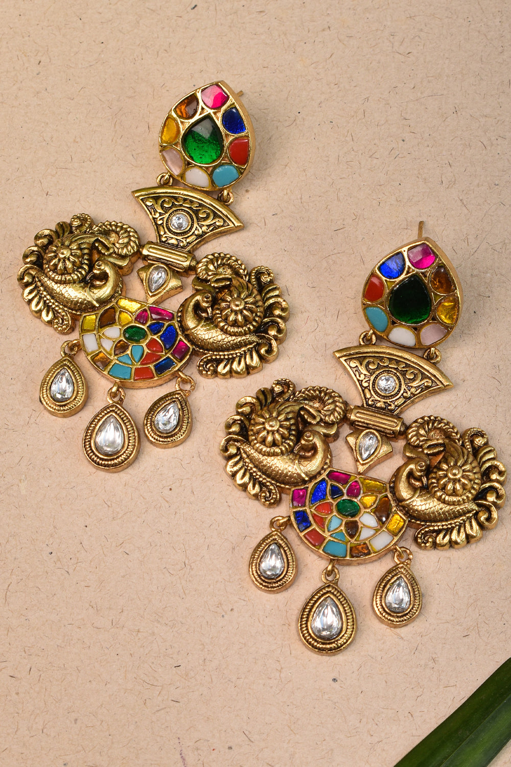 3 Navaratna design Antique Gold Tone Dangling Earrings