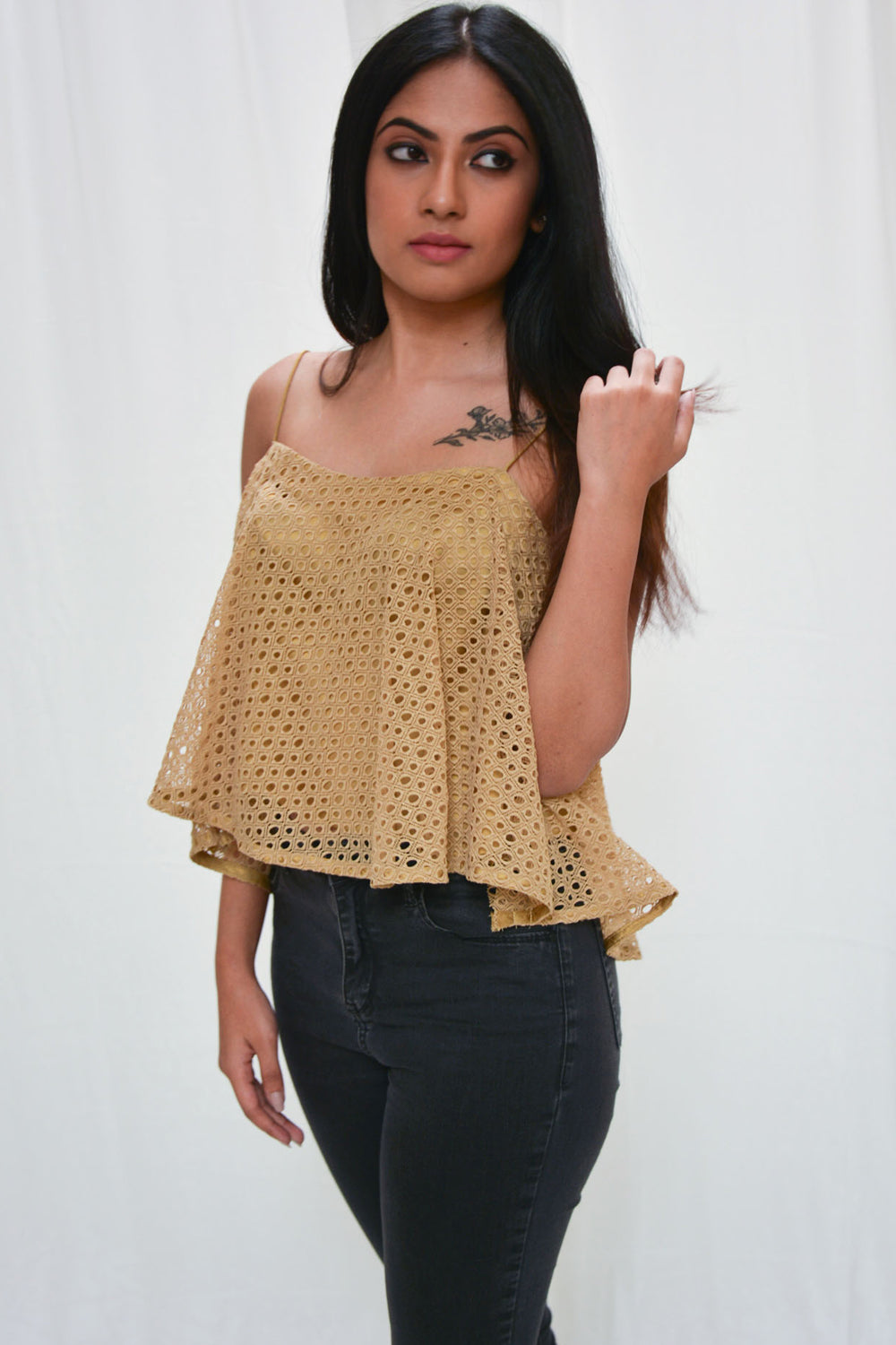 Gold spaghetti shop strap top