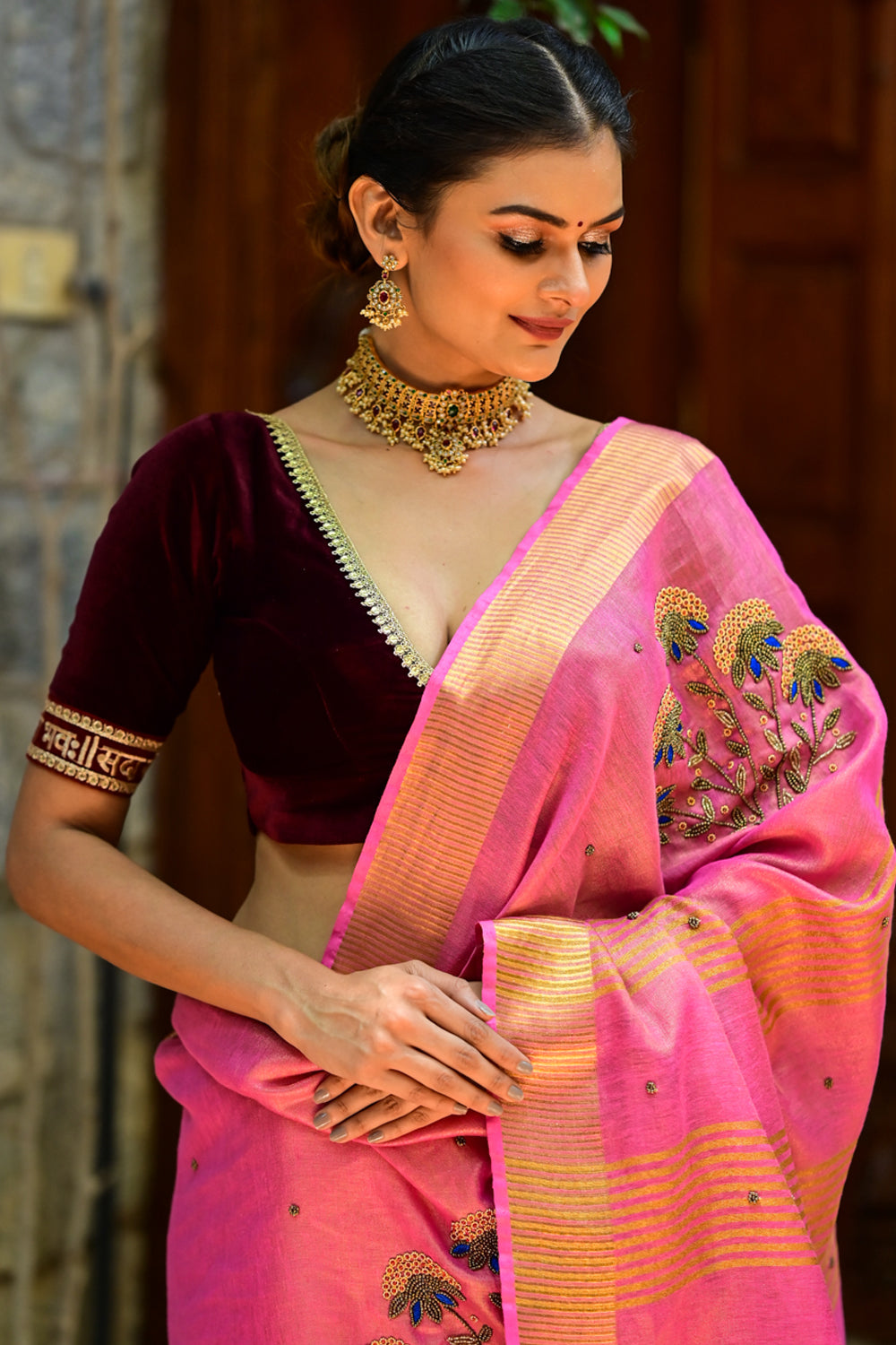 Exquisite Sada Sowbhagyawati Trim Border on Maroon Velvet Blouse