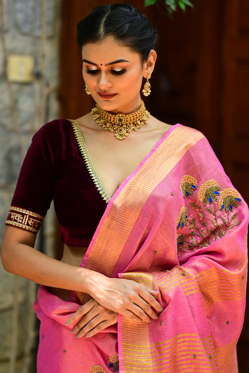 Exquisite Sada Sowbhagyawati Trim Border on Maroon Velvet Blouse