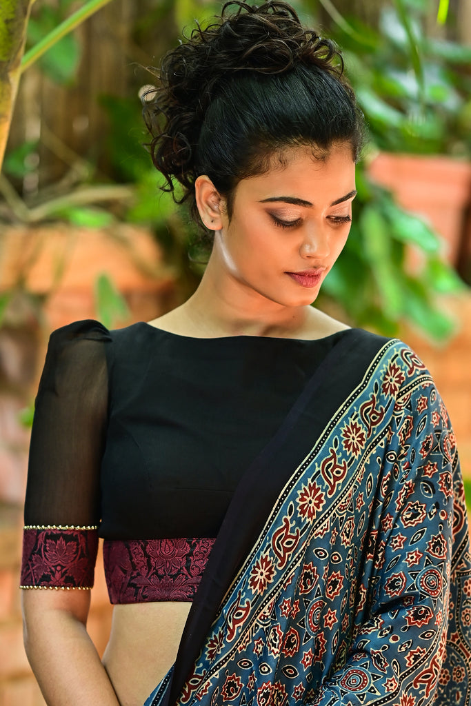 Black pure chiffon boatneck blouse with brocade border and back detail ...