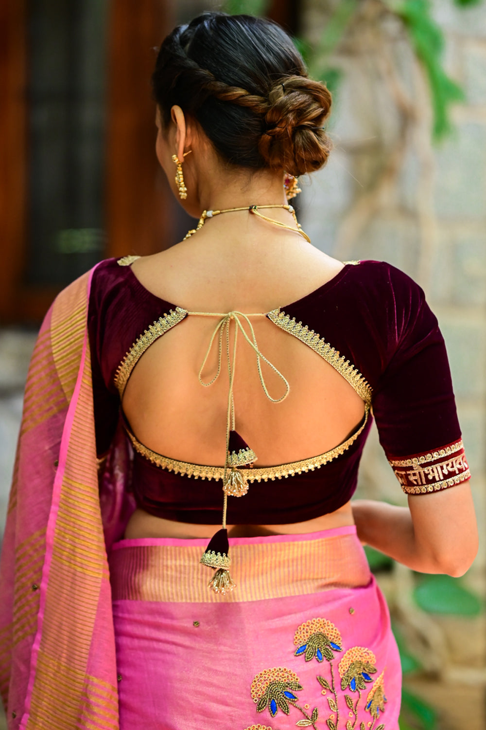 Exquisite Sada Sowbhagyawati Trim Border on Maroon Velvet Blouse