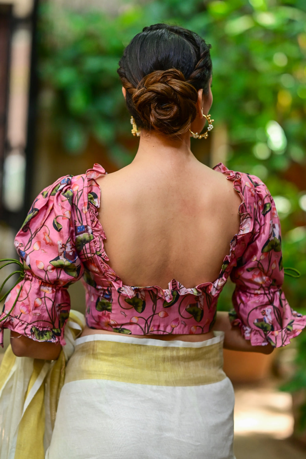 Pink blouse outlet with puff sleeves