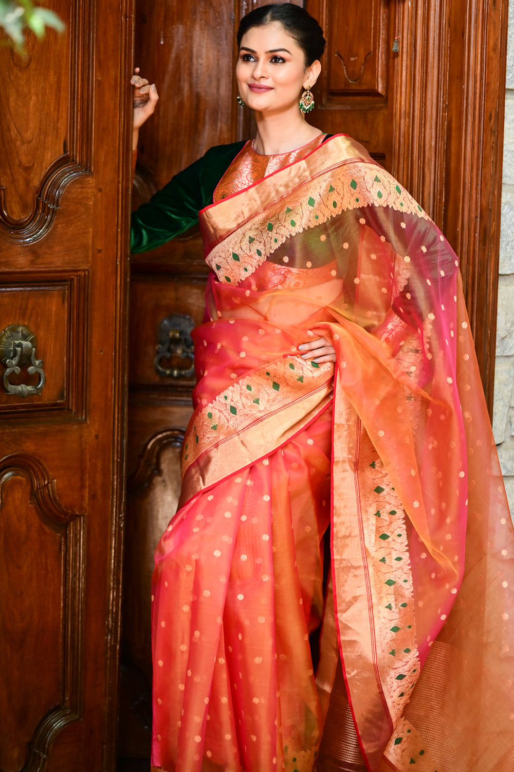 Exquisite Chanderi Silk Saree in Mustard Pink Shot Color with Meenakari Curvilinear Borders with Grand Pallu and Zari