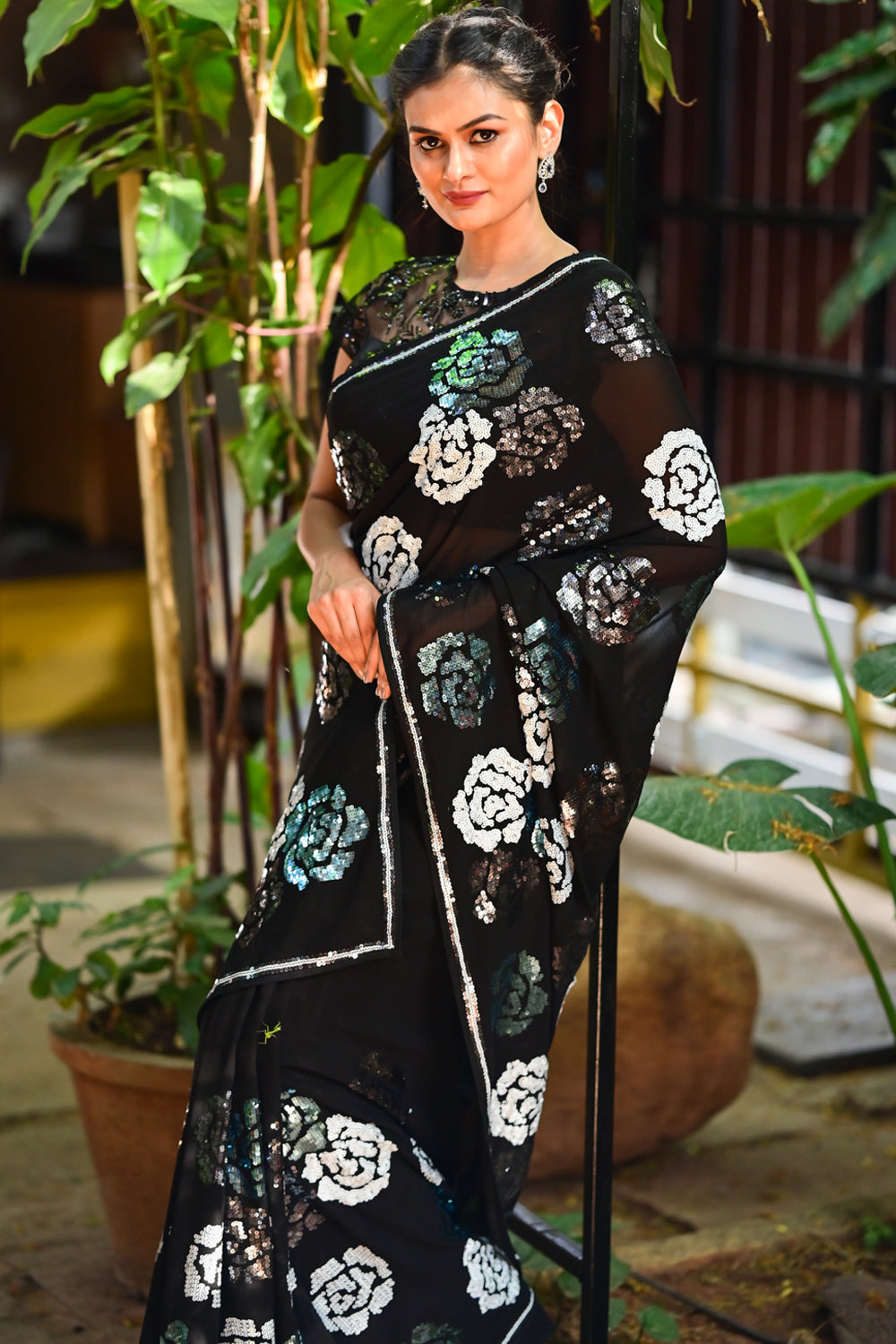 Black Georgette Saree With Floral Print – Designer Pithi