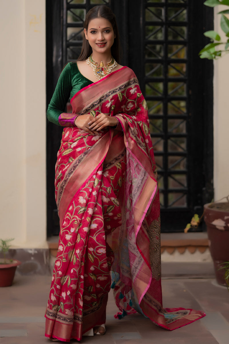 Blush pink and burgundy ombre linen saree with silver border.