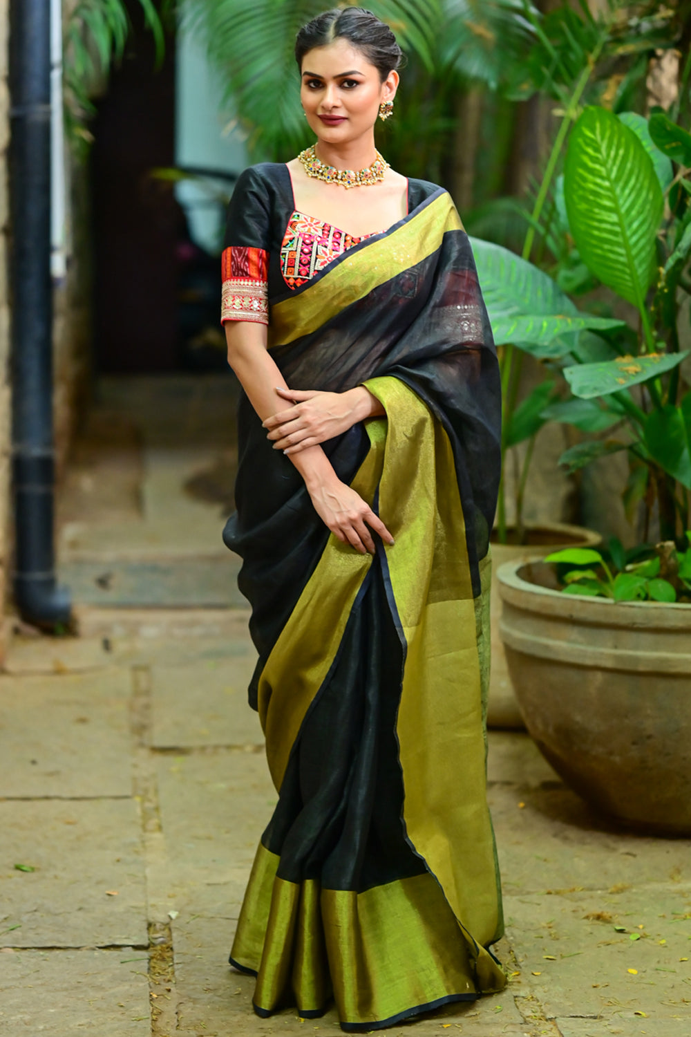 Traditional Saree Border Fancy Fabric in Green and Navy Blue