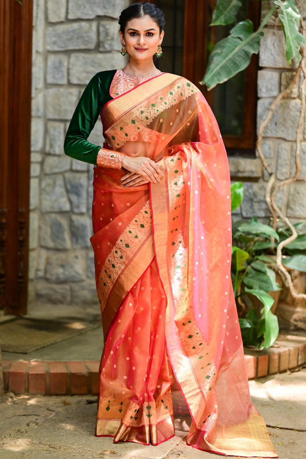 Exquisite Chanderi Silk Saree in Mustard Pink Shot Color with Meenakari Curvilinear Borders with Grand Pallu and Zari