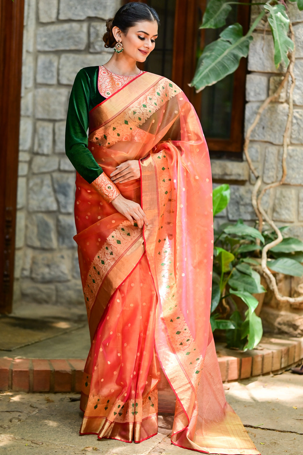 Exquisite Chanderi Silk Saree in Mustard Pink Shot Color with Meenakari Curvilinear Borders with Grand Pallu and Zari