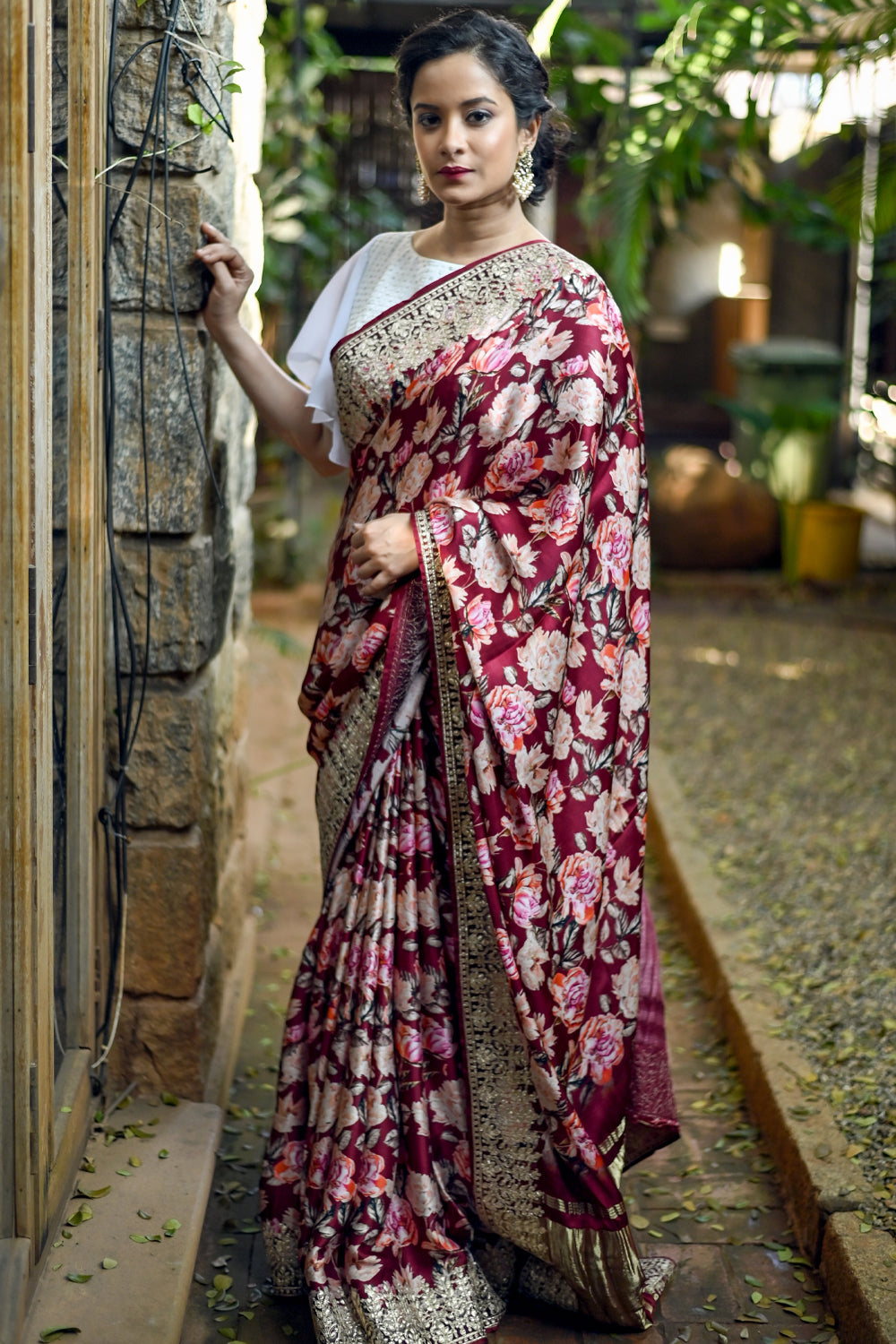 Creme Red Sabyasachi Inspired Floral Soft Silk Saree with Contrast Blouse |  TST | The Silk Trend