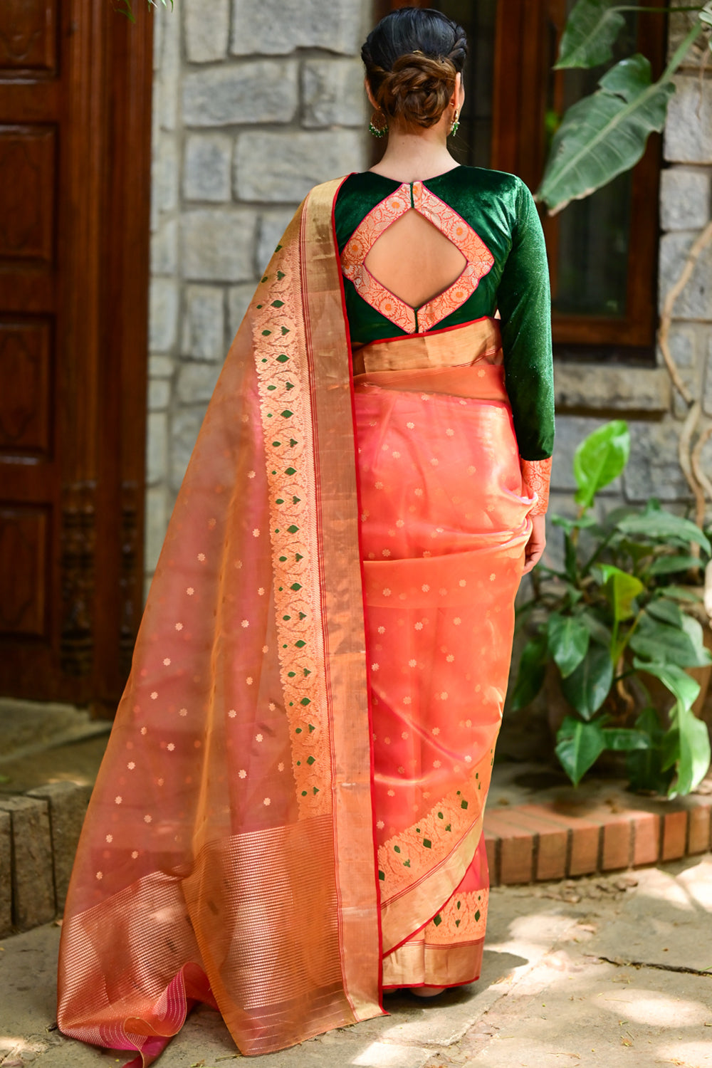 Exquisite Chanderi Silk Saree in Mustard Pink Shot Color with Meenakari Curvilinear Borders with Grand Pallu and Zari