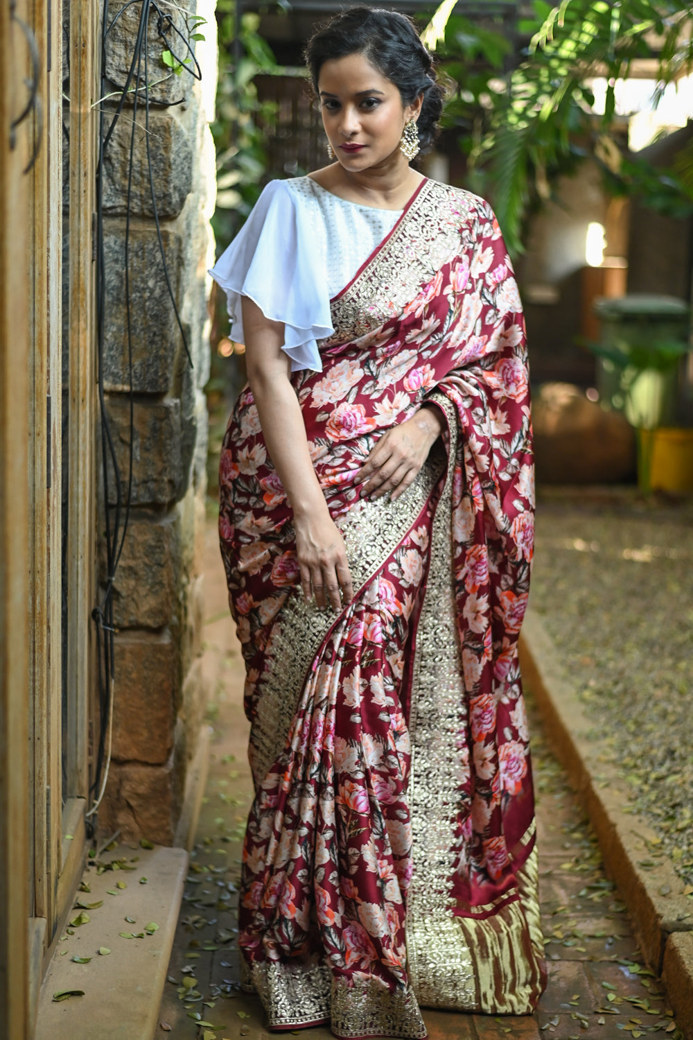 Shop Beige Floral Print Muga Silk Saree Online in USA |Golden Border – Pure  Elegance