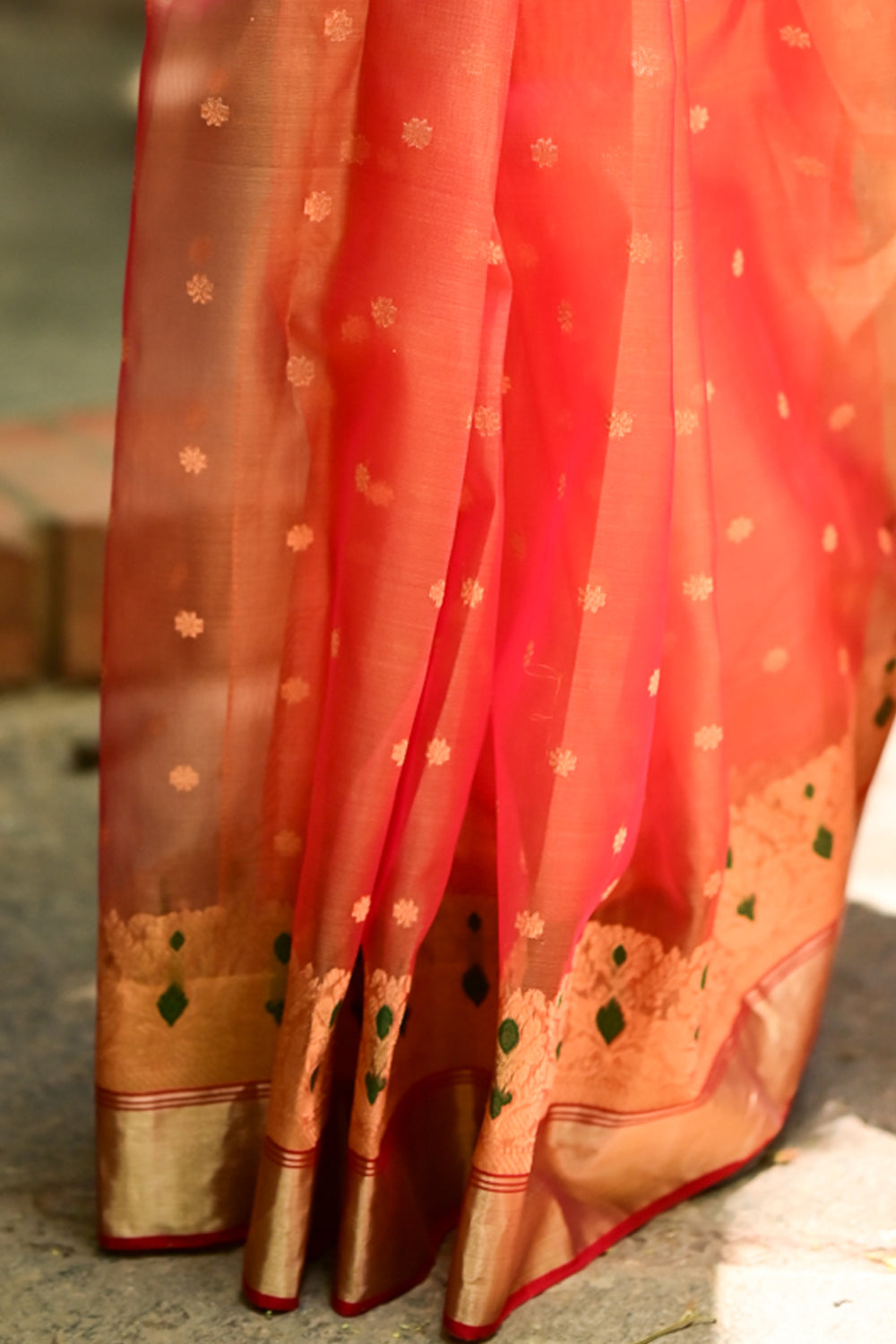 Exquisite Chanderi Silk Saree in Mustard Pink Shot Color with Meenakari Curvilinear Borders with Grand Pallu and Zari