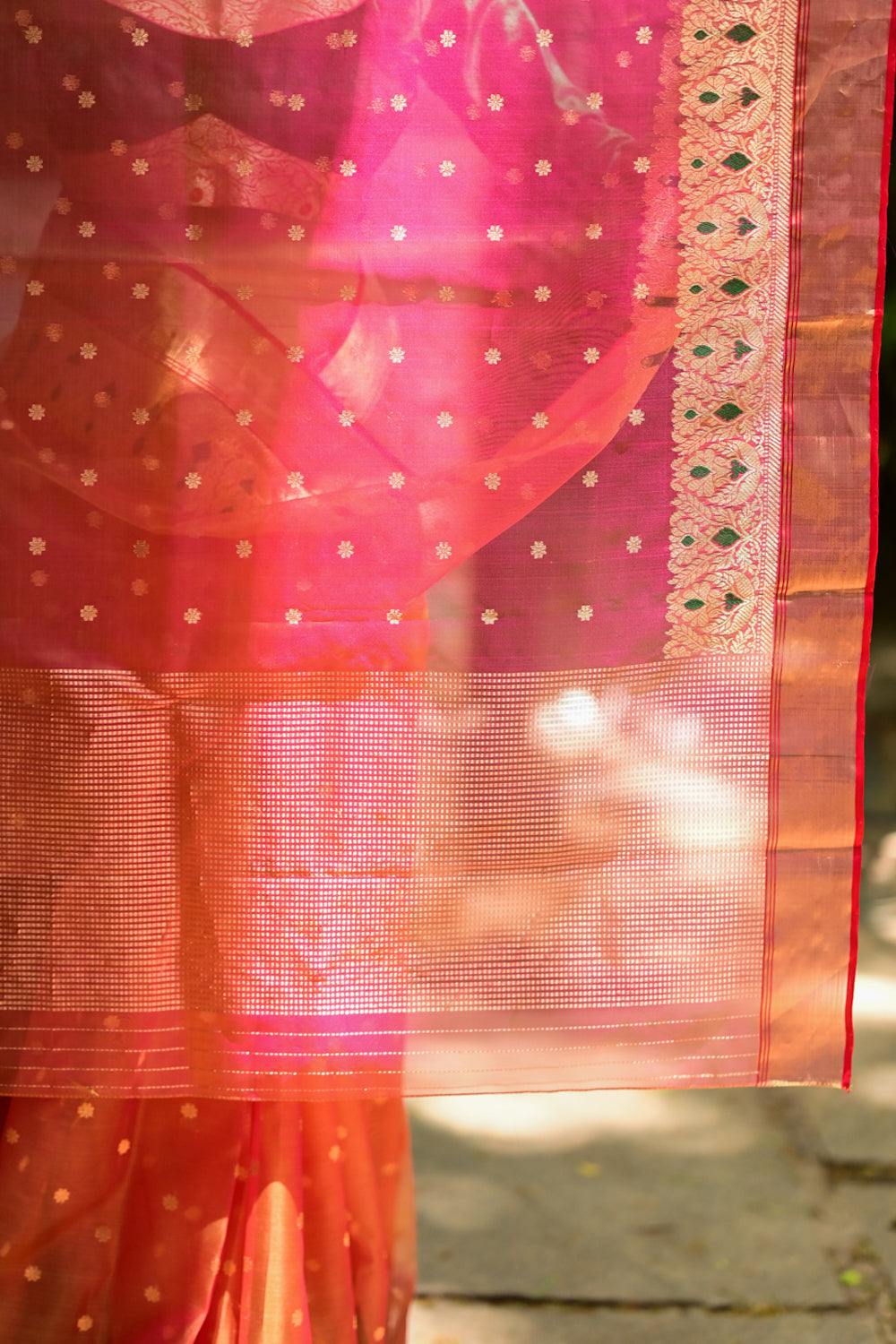 Exquisite Chanderi Silk Saree in Mustard Pink Shot Color with Meenakari Curvilinear Borders with Grand Pallu and Zari