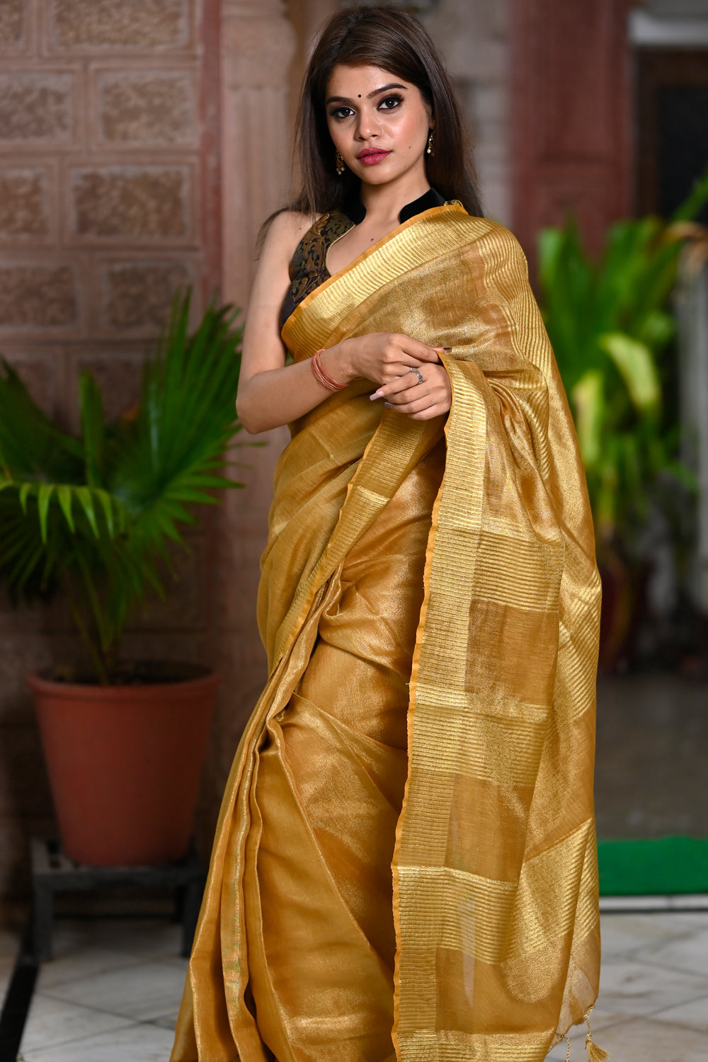 Golden Tissue Linen Saree with Golden Zari Border and Blouse - Chungi Store  - 3183192