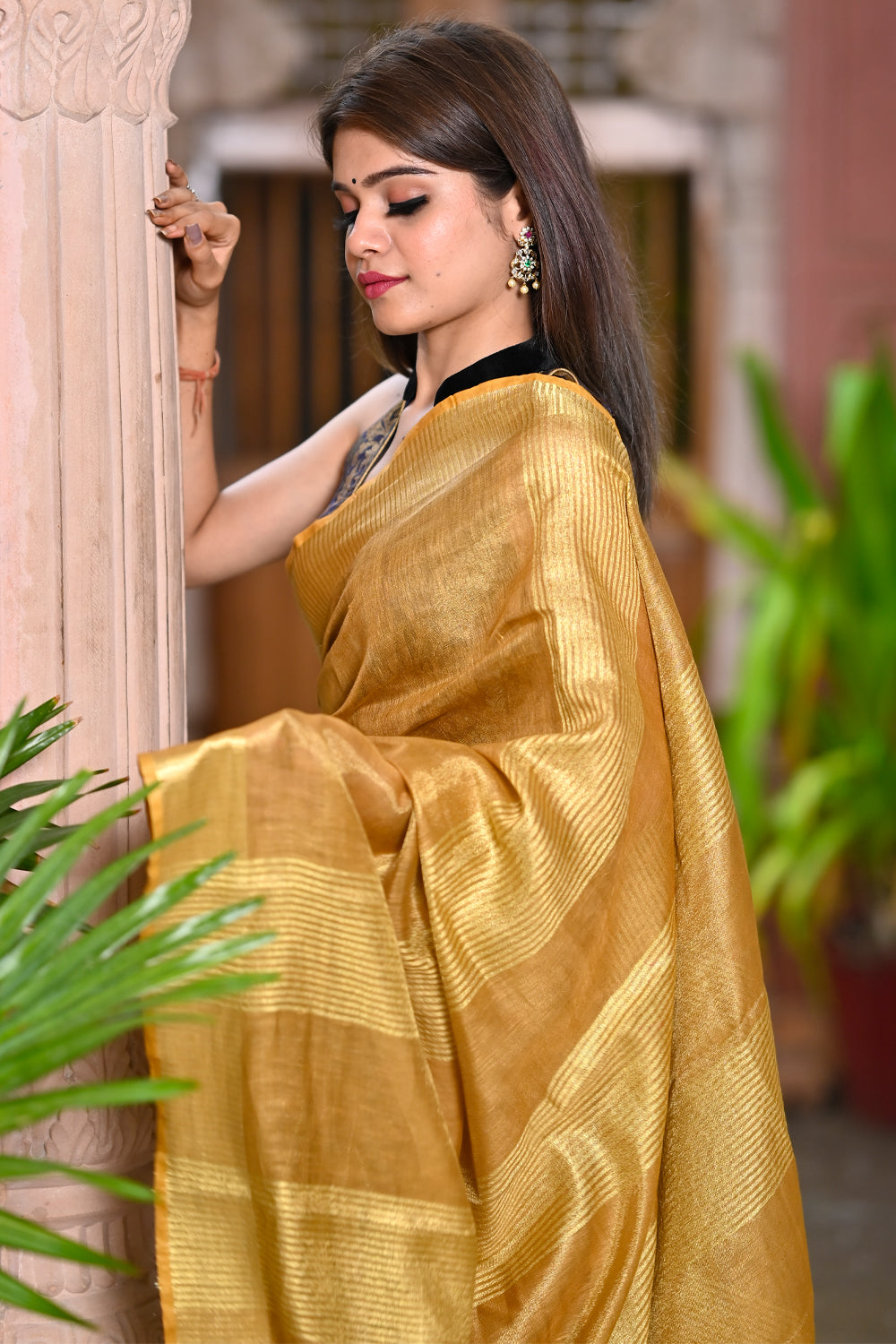 Orangish Yellow Block Printed Linen Saree with Mango Motifs - Desically  Ethnic