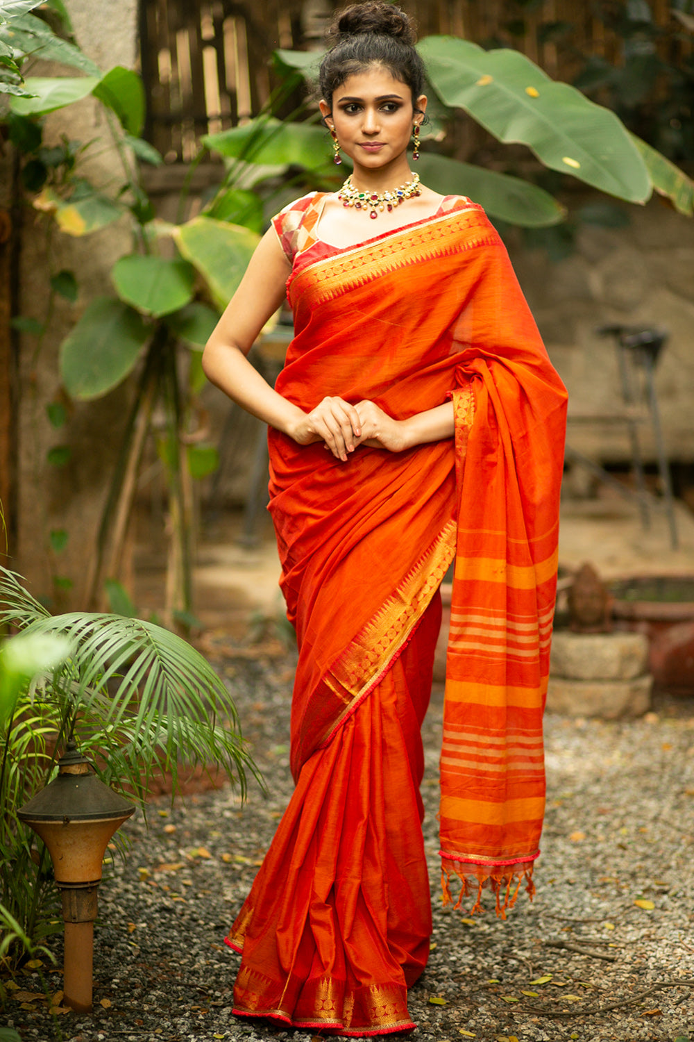 Orange Color Organza Silk Plain Saree With Fully Worked Base Designer Blouse