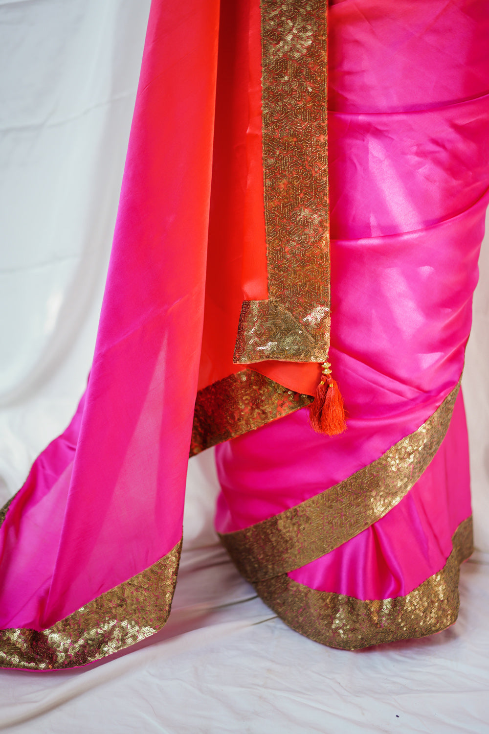 Pink and orange shaded pure satin saree with sequin border - House of Blouse