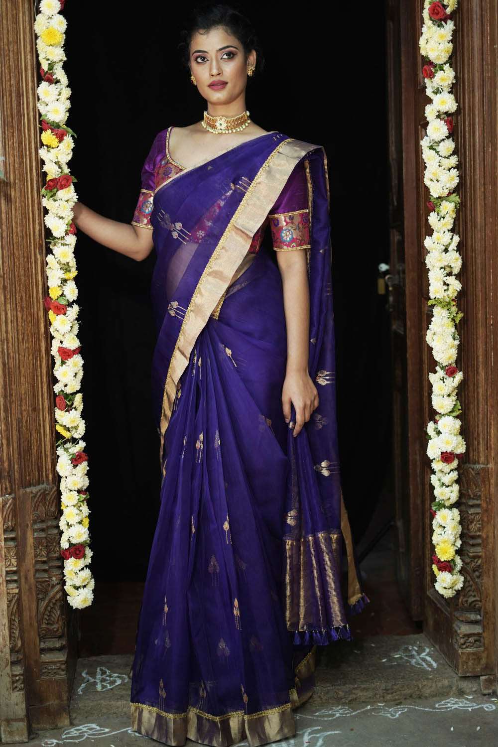 Buy Navy Blue Chanderi Katan Silk Saree RA-271 Online in India