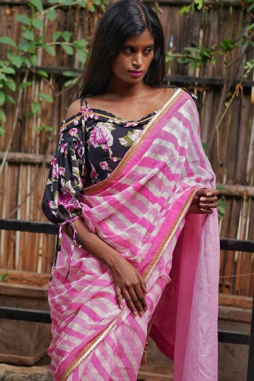 Pink and white handloom & hand dyed leheriya saree