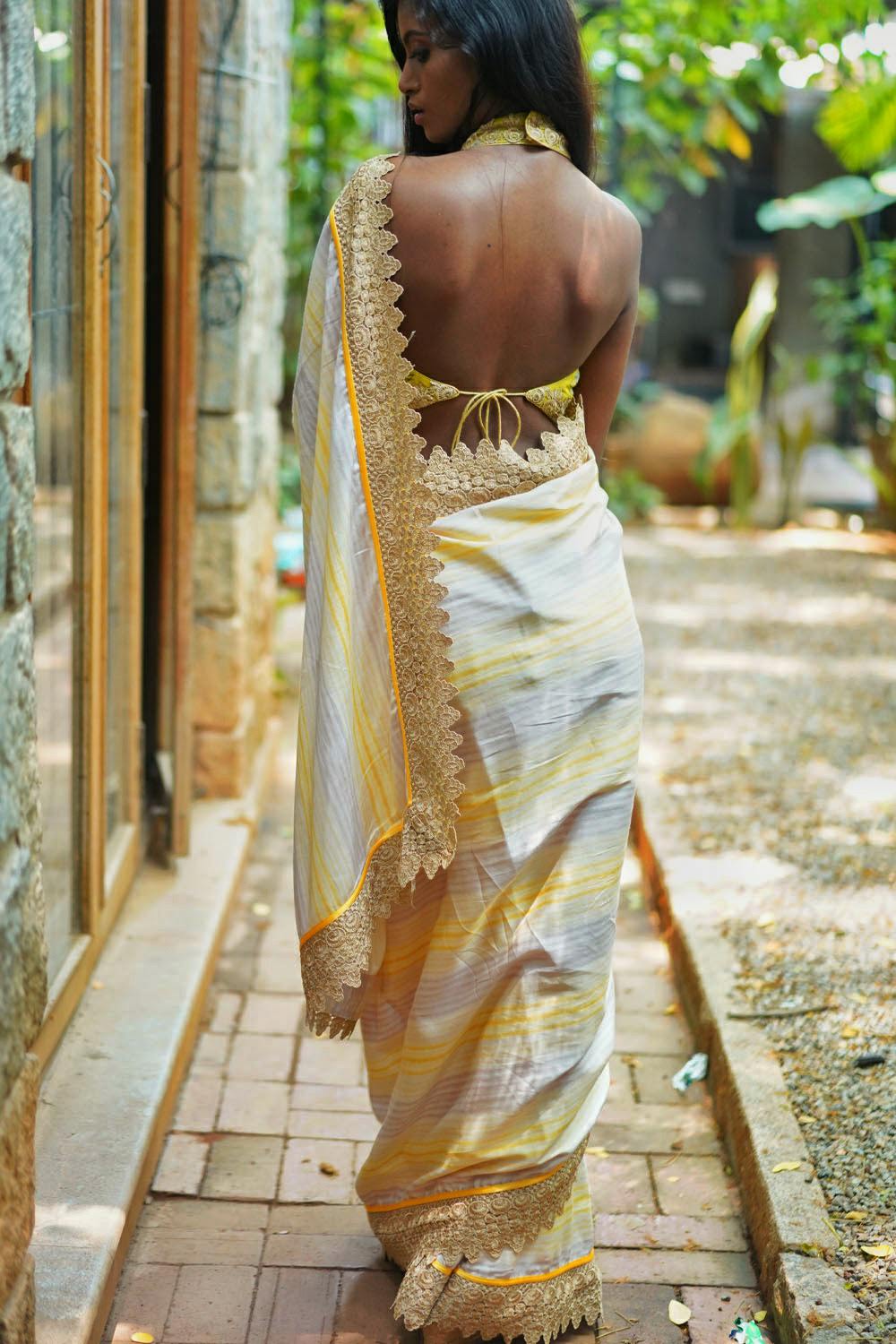 Mesmerizing White Plain Linen Saree with Golden Red Border Onam Special -  Loomfolks