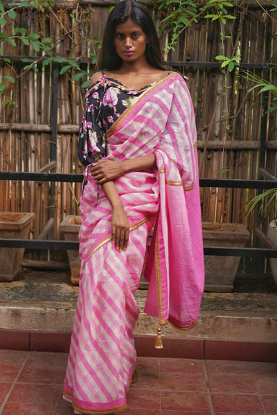 Pink and white handloom & hand dyed leheriya saree