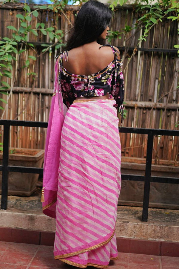 Pink and white handloom & hand dyed leheriya saree