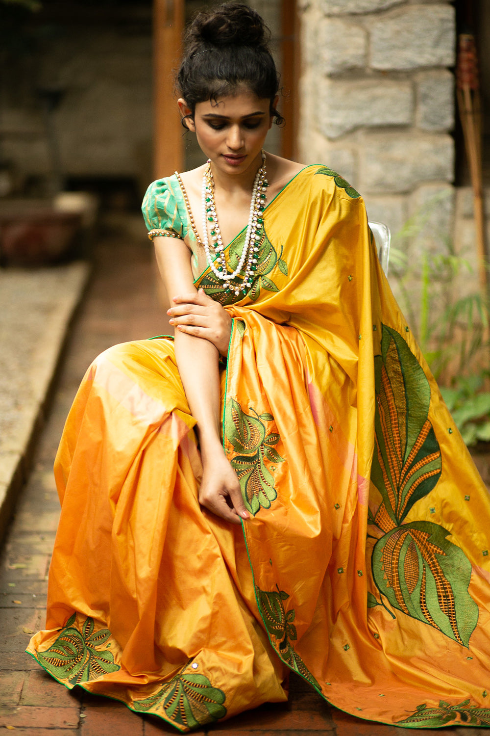 Yellow & Red Patola Printed Tussar Silk Saree