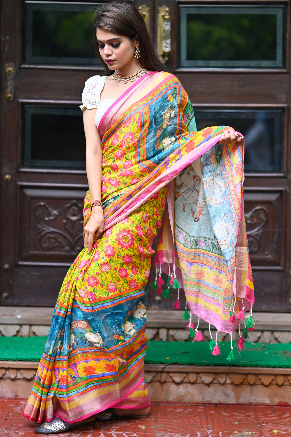 Fancy Silk Pochampally Print Half White And Red And Chocolate Brown Saree