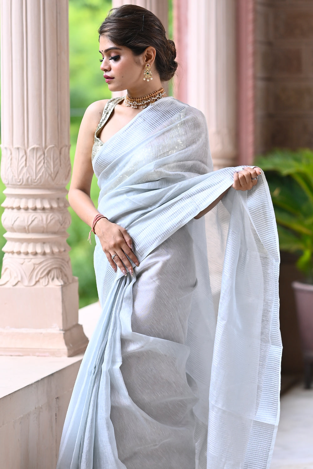 WHITE GEORGETTE SILVER ZARI EMBROIDERY WORK WITH STONE WORK SAREE - Pramukh  Fab - 3995437