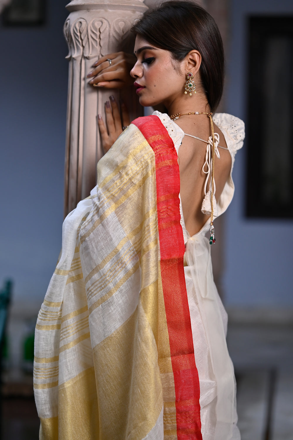 Bengali traditional attire. White and red saree with gold border. Boisaki  look... | Red saree, Saree, Traditional attire