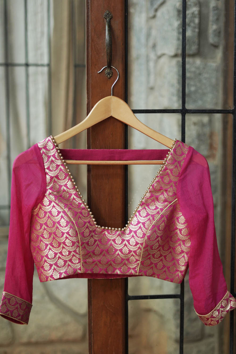 Hot pink deep square neck banarasi brocade blouse with chiffon sleeves ...