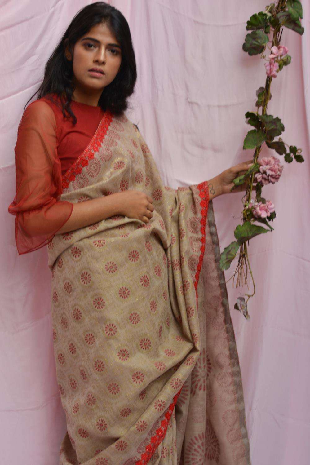 Buy Half and Half Beige U Neck Plus Size Sarees Online for Women in USA