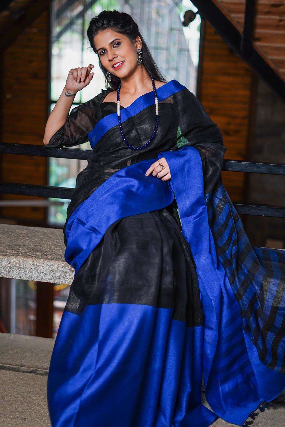 Buy Midnight Blue Saree In Satin Embellished With Stones And Zari Work  Online - Kalki Fashion