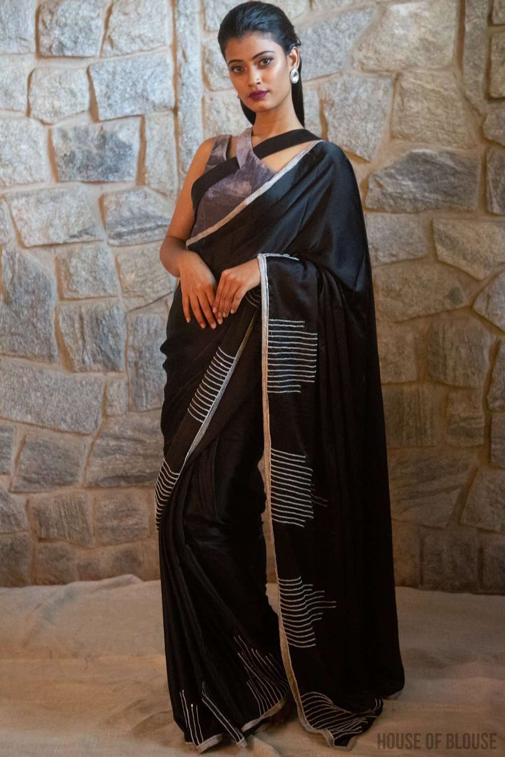 Black pure silk satin saree with silver bead and sequin embroidery and silver tissue edging - House of Blouse