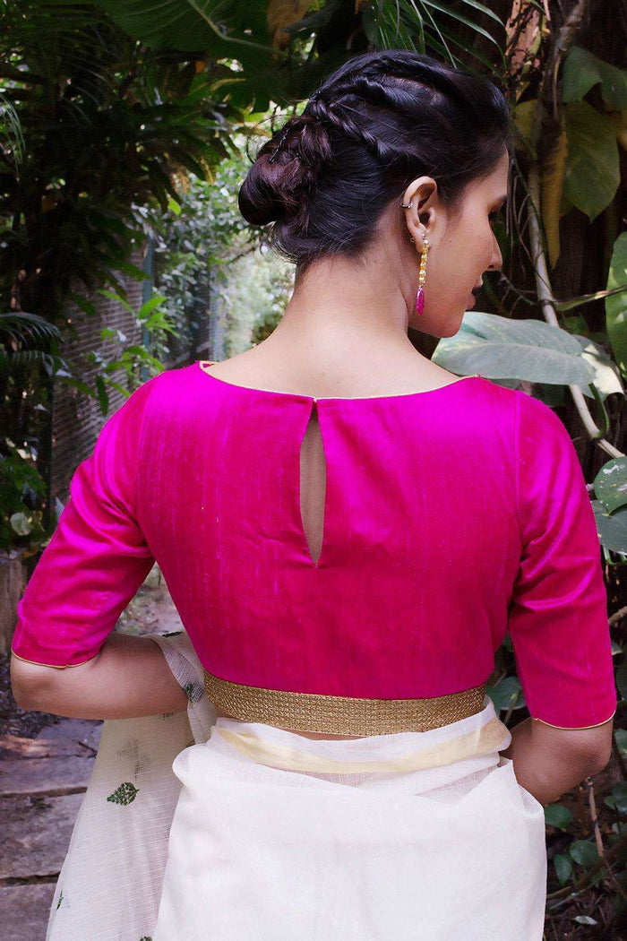 Fuchsia Raw Silk Boatneck Blouse With Gold Sequin Border