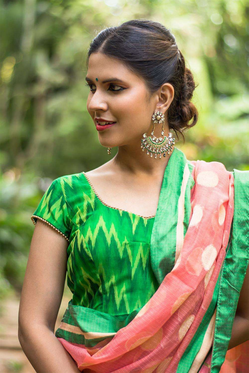 Green Ikat silk cotton sheer back blouse with applique