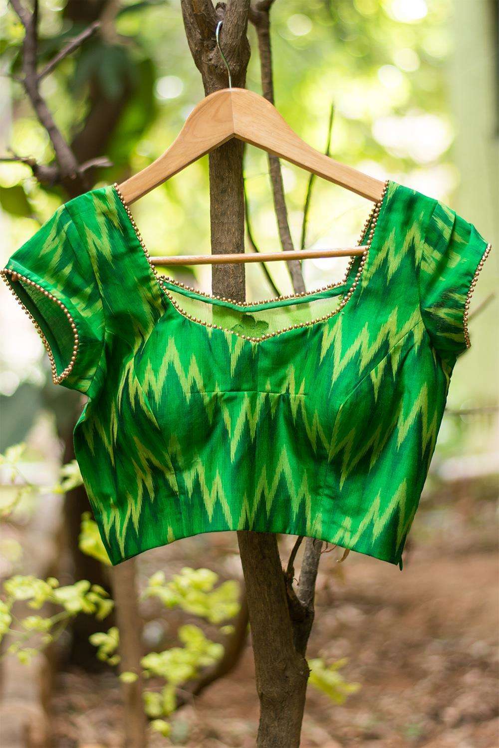 Green Ikat silk cotton sheer back blouse with applique