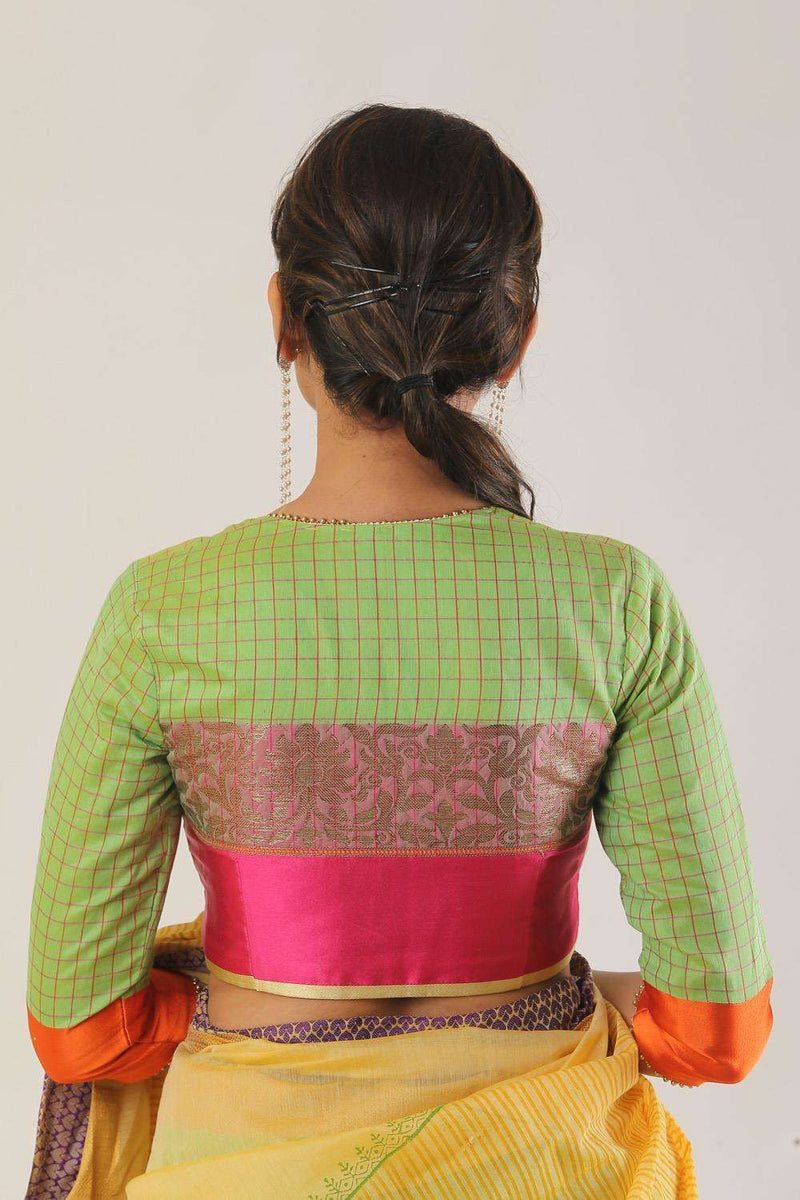 Lime green chanderi silk wide neck blouse with border detailing