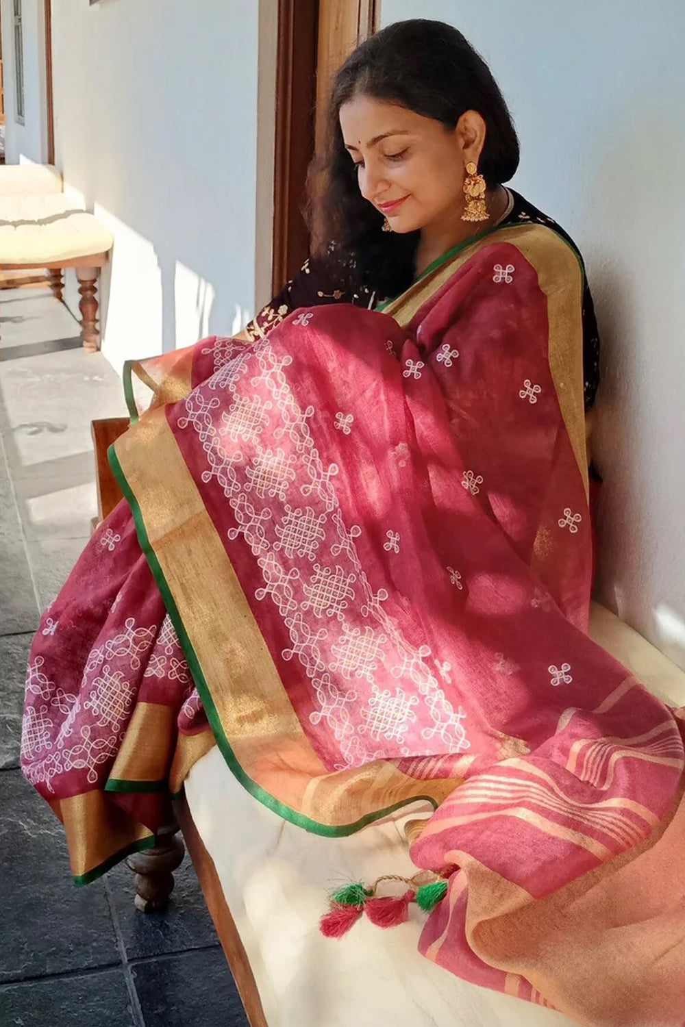 Rangoli Embroidered Border on Pure Linen  Saree