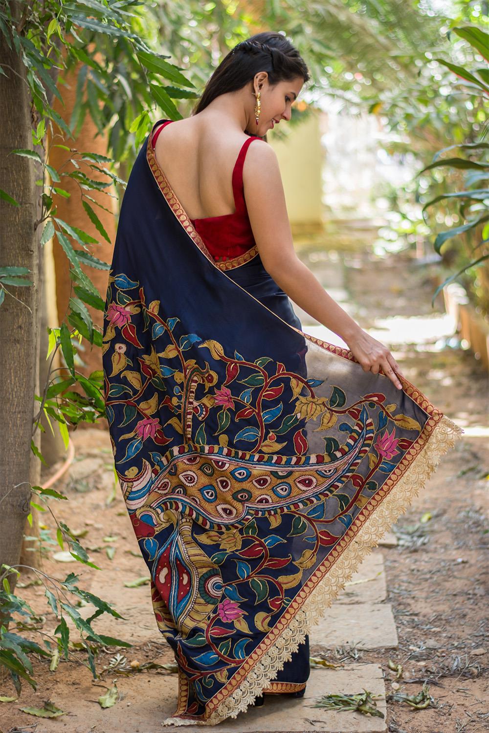 Copper Blue Soft Tussar Silk Floral Kalamkari Saree – SHE IN SAREES