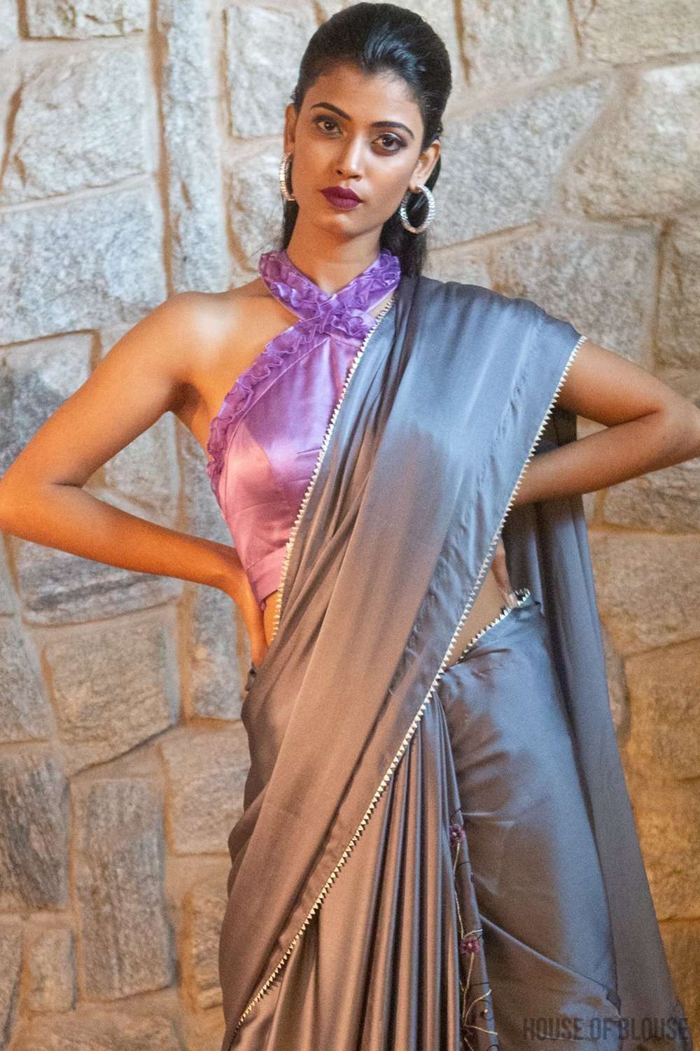 Silver Grey pure silk satin saree with sequin, bead and thread embroidery and silver gota edging - House of Blouse
