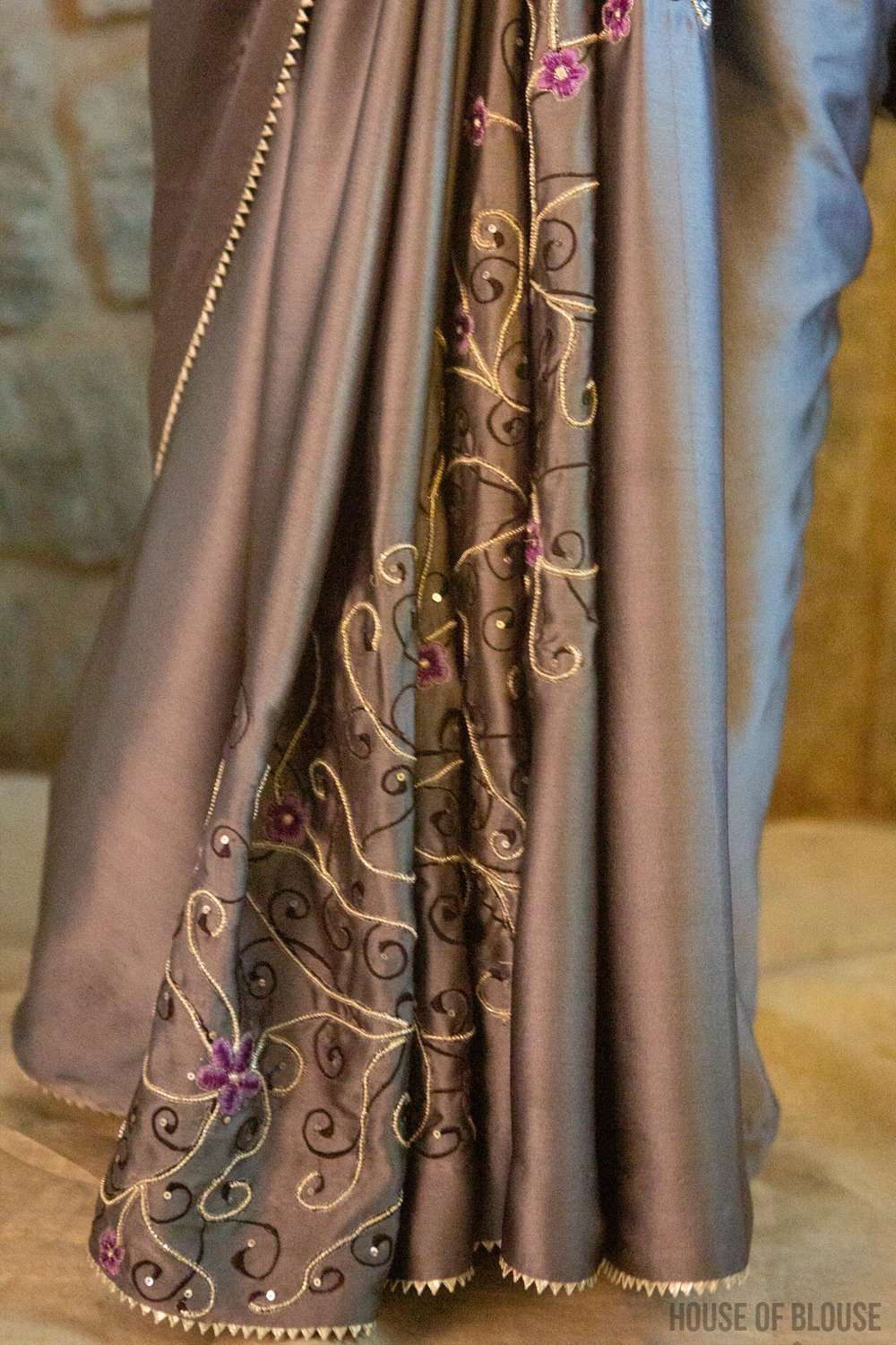Silver Grey pure silk satin saree with sequin, bead and thread embroidery and silver gota edging - House of Blouse