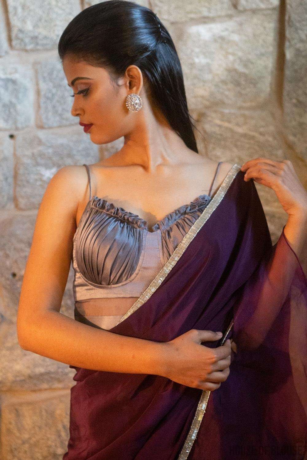 Buy Plum Saree With Moti And Cut Dana Fringes Detailing On The Pallu And A  Spaghetti Straps Crop Top With An Embroidered Belt In Fringes KALKI Fashion  India